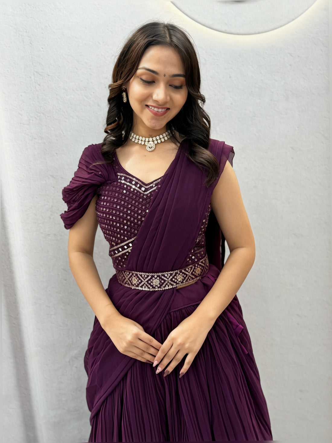 Wine Purple Designer Lehenga Choli with Hand Mirror Work, Thread Embroidery & Attached Dupatta
