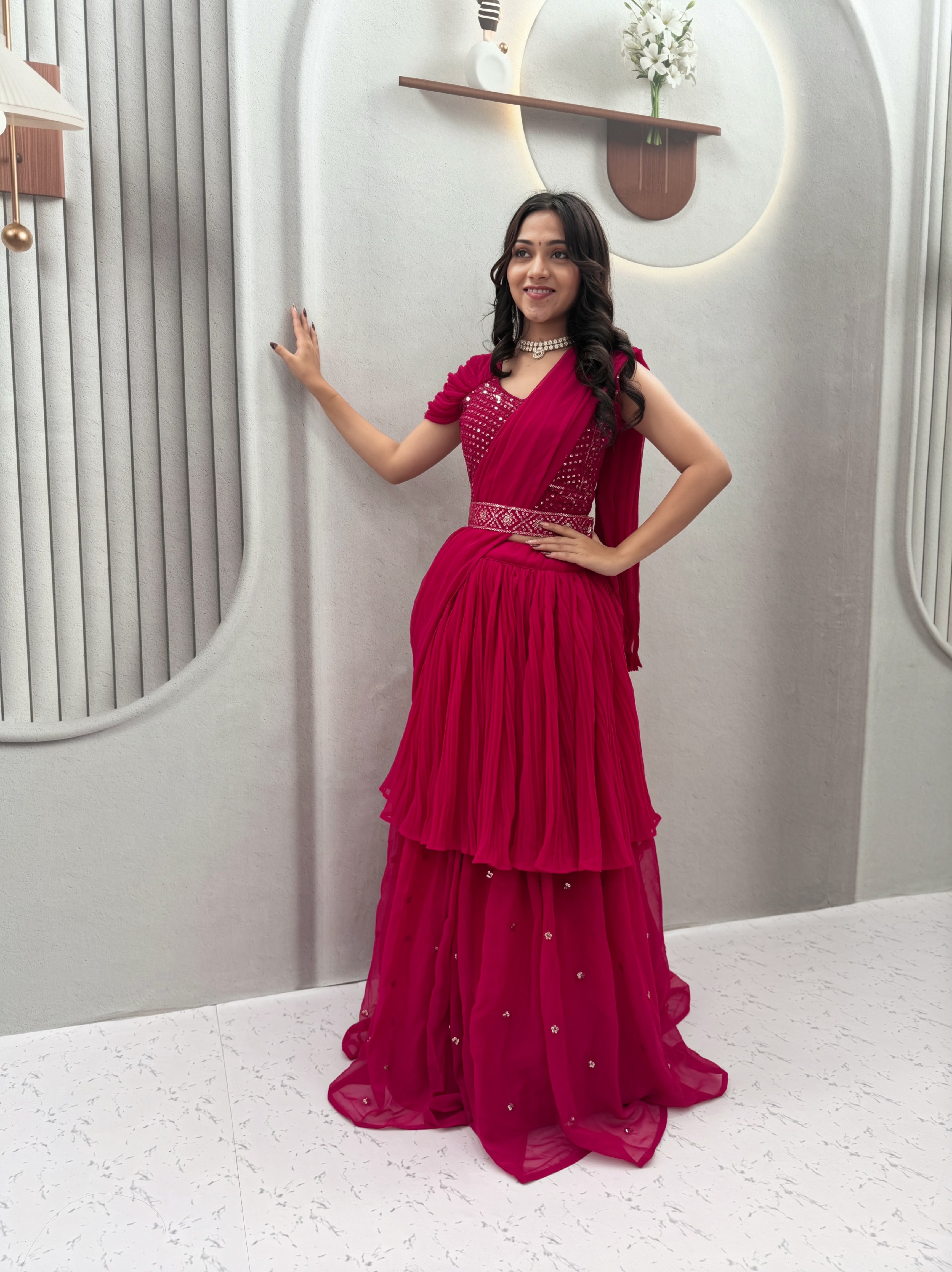 Wine Purple Designer Lehenga Choli with Hand Mirror Work, Thread Embroidery & Attached Dupatta